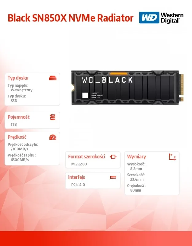 Western Digital SSD drive черен 1TB SN850X NVMe M.2 PCIe Radiator - Image 3