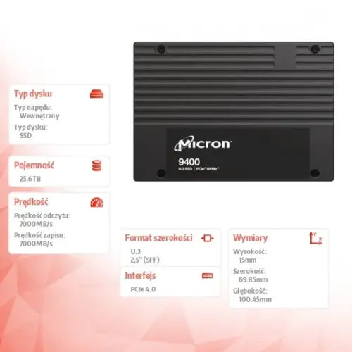 Micron SSD drive 9400 MAX 25600GB NVMe U.3 15mm Single Pack