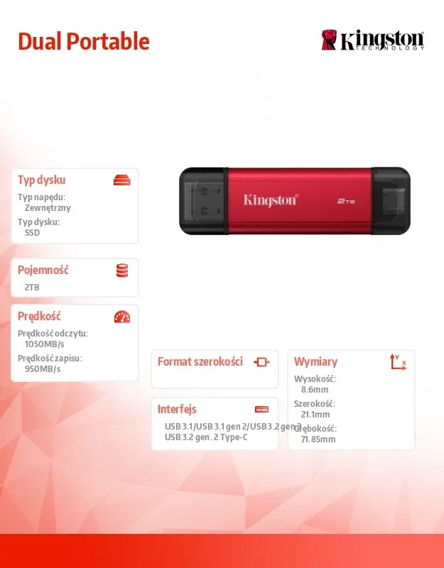 Kingston външен SSD 2TB DualPortable USB-A/C 3.2 Gen2 - Image 5