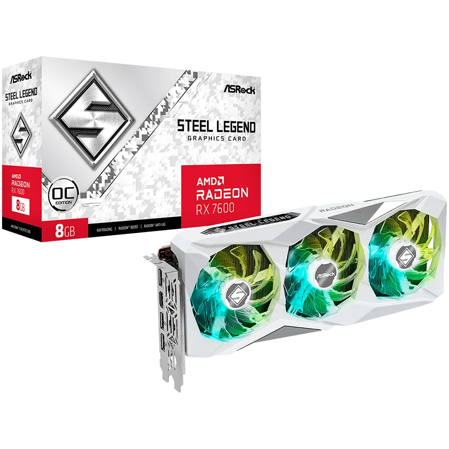Видео карта ASROCK Video Card AMD Radeon RX-7600 Steel Legend 8GB GDDR6 128bit 2725 MHz / 18Gbps 3x DP 2.1 1x HDMI 3 fan