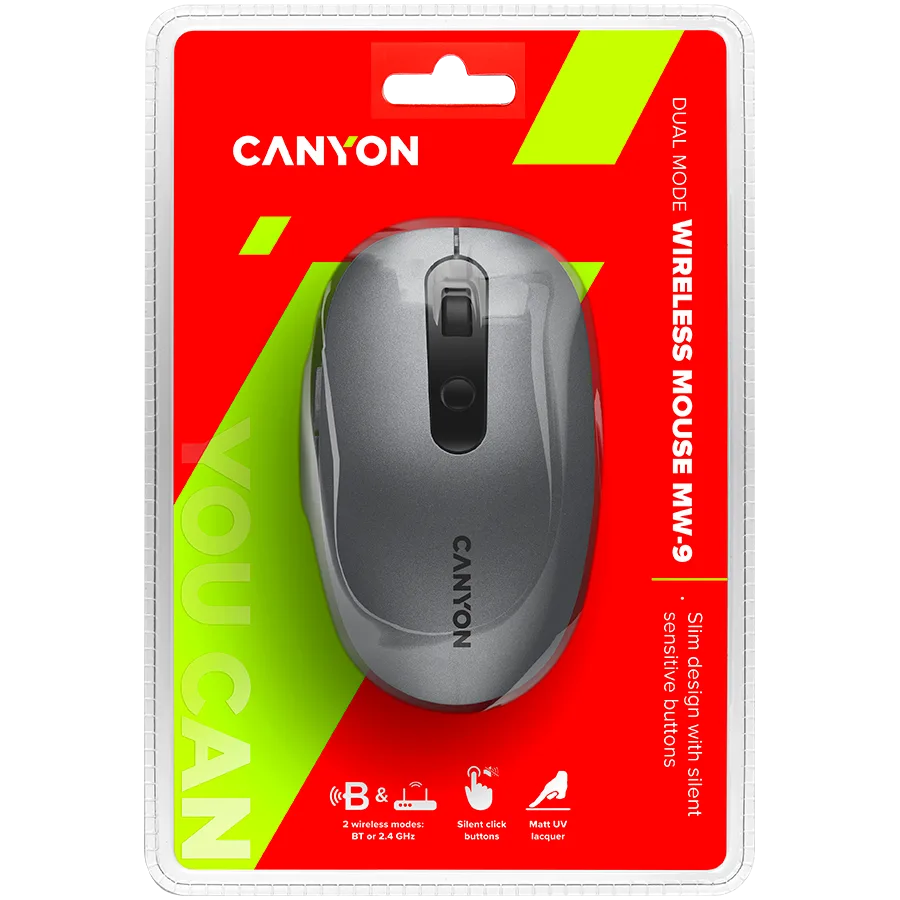 Безжична мишка CANYON MW-9, 2 in 1 Wireless optical mouse with 6 buttons, DPI 800/1000/1200/1500, 2 mode(BT/ 2.4GHz), Battery AA*1pcs, Grey, 65.4*112.25*32.3mm, 0.092kg - Image 75