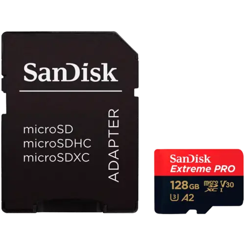 Карта памет SANDISK Extreme PRO microSDXC 128GB + SD Adapter + 2 years RescuePRO Deluxe up to 200MB/s & 90MB/s Read/Writ