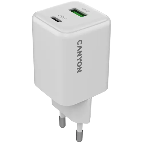 Зарядно за мобилен телефон CANYON charger CU45AC GaN 45W 1xPD 1xQC EU White