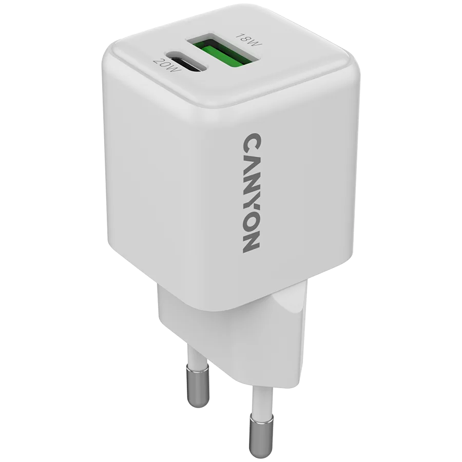 Зарядно за мобилен телефон CANYON charger CU20AC GaN 20W 1xPD 1xQC EU White