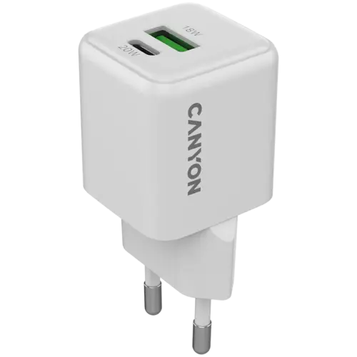 Зарядно за мобилен телефон CANYON charger CU20AC GaN 20W 1xPD 1xQC EU White