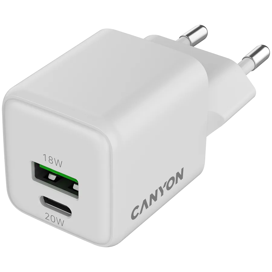 Зарядно за мобилен телефон CANYON charger CU20AC GaN 20W 1xPD 1xQC EU White - Image 24