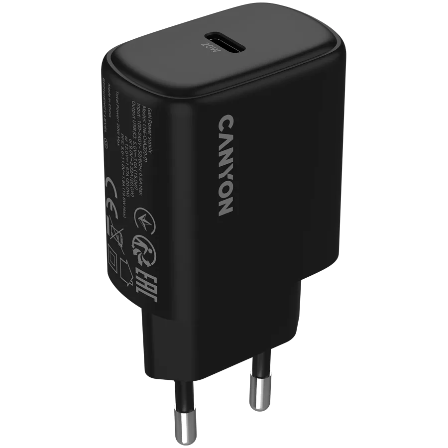 Зарядно за мобилен телефон CANYON charger OnCharge 200 20W 1xPD EU Black