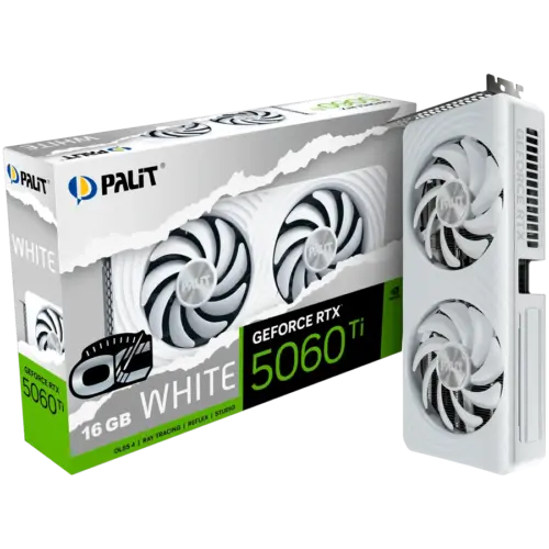 Видео карта Palit GeForce RTX 5060 Ti WHITE OC 16GB GDDR7 128 bit 1x HDMI 2.1b 3x DP 2.1b 2 Fan 1x 8-pin pwr connector 6