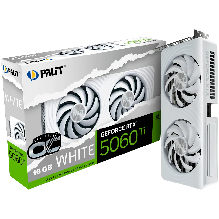 Видео карта Palit GeForce RTX 5060 Ti WHITE OC 16GB GDDR7 128 bit 1x HDMI 2.1b 3x DP 2.1b 2 Fan 1x 8-pin pwr connector 6
