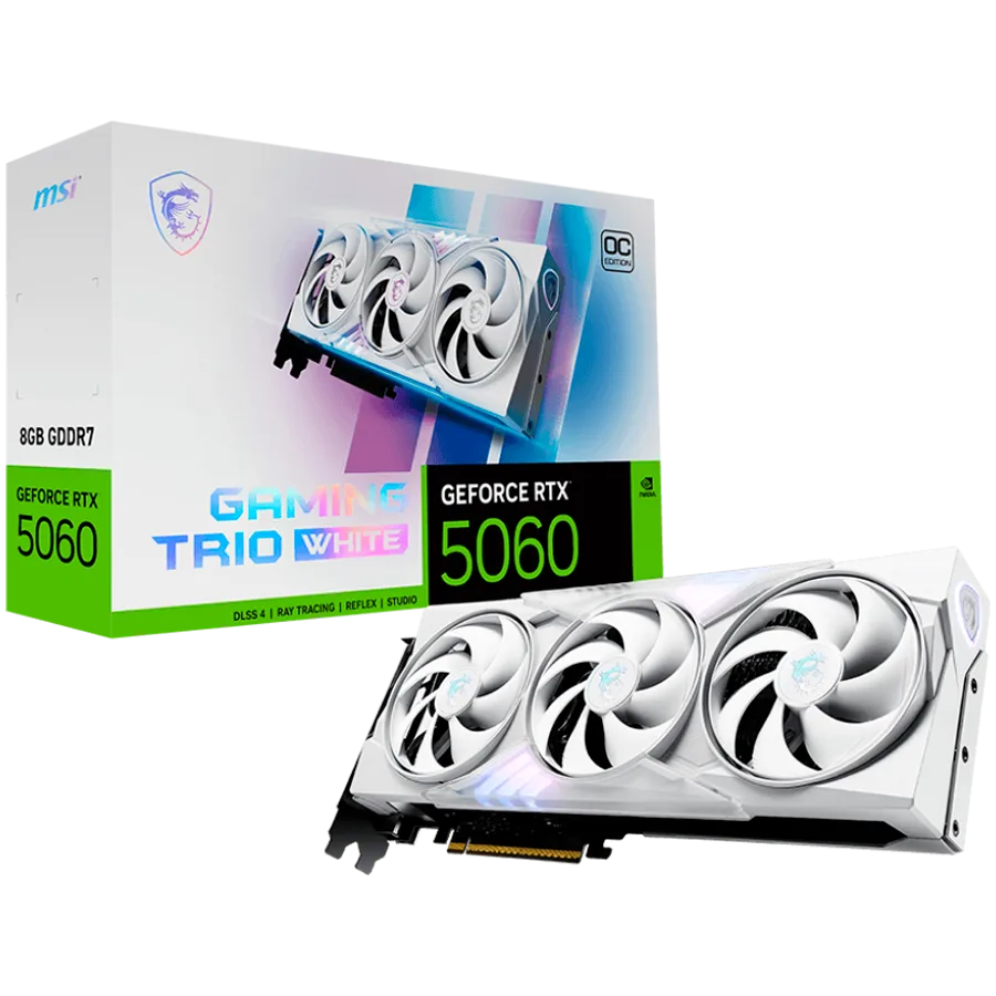 Видео карта MSI Video Card NVIDIA GeForce RTX 5060 8G GAMING TRIO OC WHITE 8GB GDDR7 128-bit 2640 MHz Boost 3840 CUDA Co