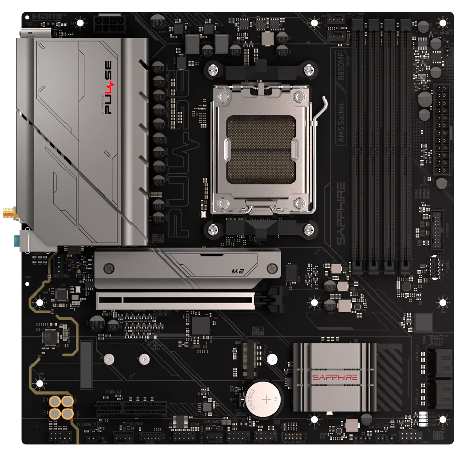 Дънна платка SAPPHIRE AMD B850M AM5 PULSE Ryzen R9/R7/R5 4x DDR5 7600MHz PCIE 5 1x M.2 Gen5 1x M.2 Gen4 LAN 2.5 Gbps WIF