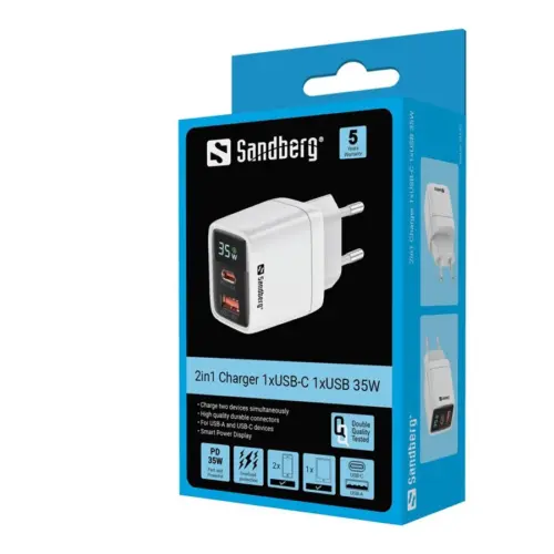 Alternative view of ЗАРЯДНО SANDBERG 2 в 1 - 1xUSB-C 1xUSB 35W - White - PN 441-52