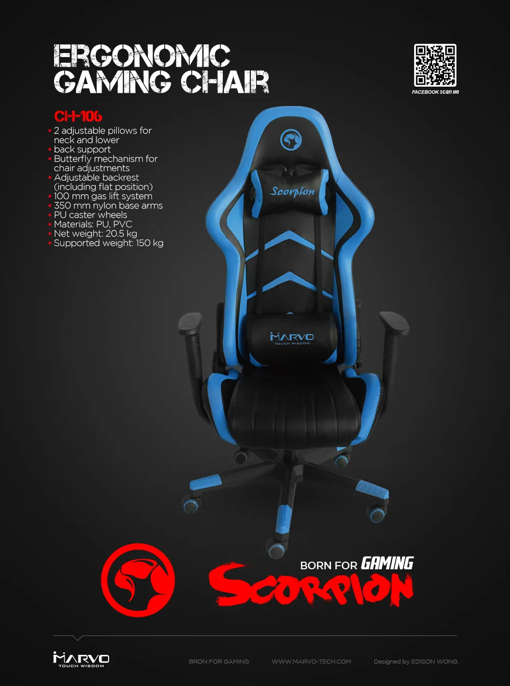 Marvo геймърски стол Gaming Chair CH-106 Black/Blue - Image 98