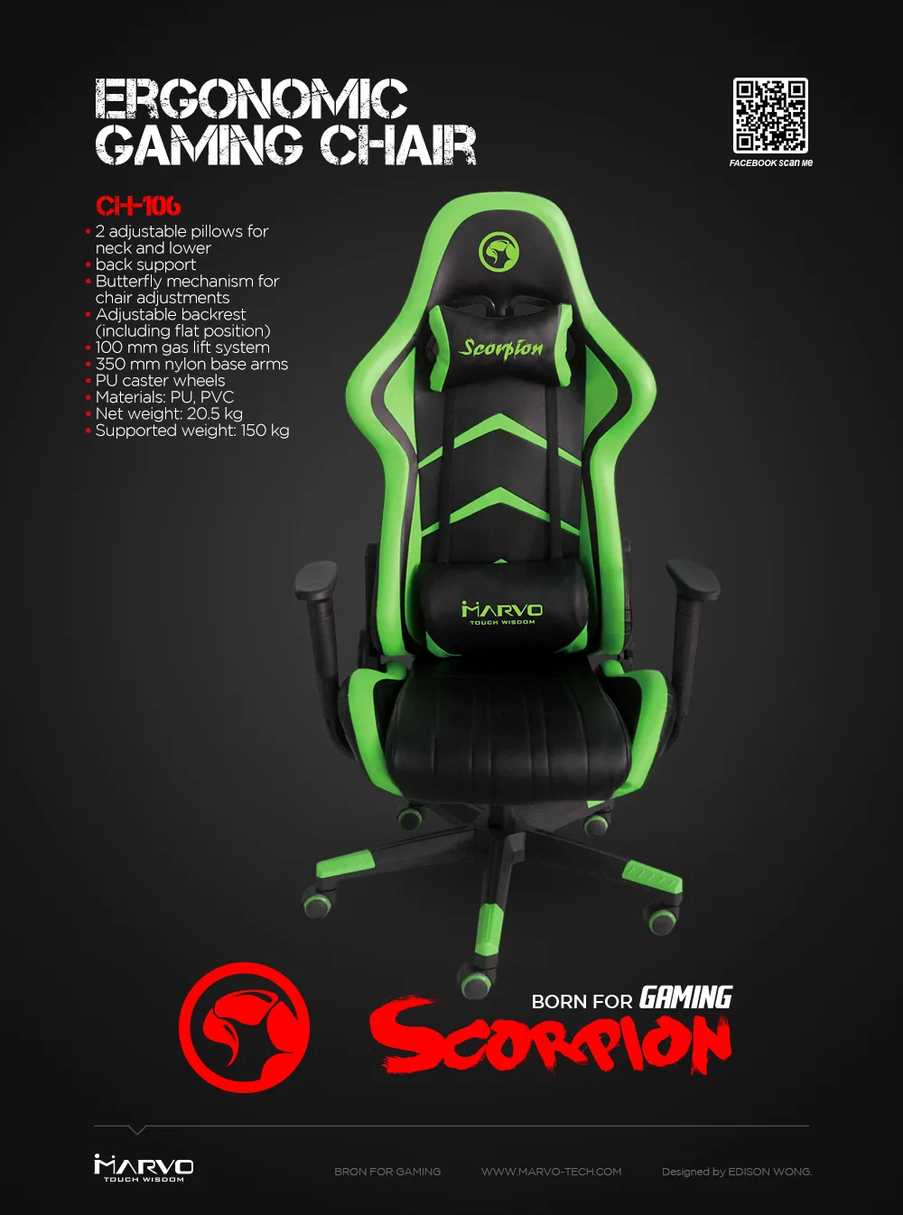 Marvo геймърски стол Gaming Chair CH-106 Black/Green - Image 70