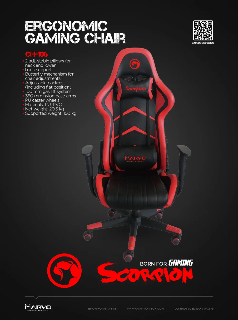 Marvo геймърски стол Gaming Chair CH-106 Black/Red - Image 108