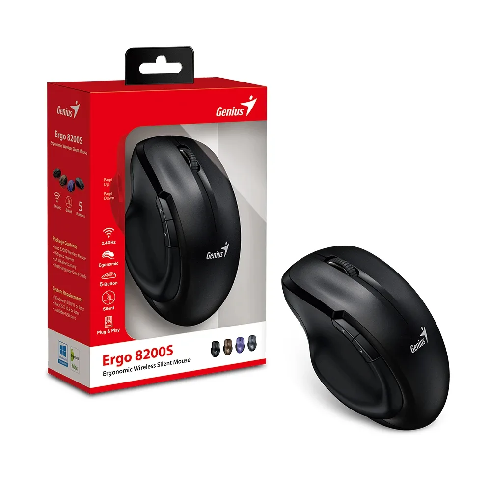 Genius безжина безшумна мишка Mouse Wireless Silent - Ergo 8200S Black - Silent, 2.4GHz - Image 290