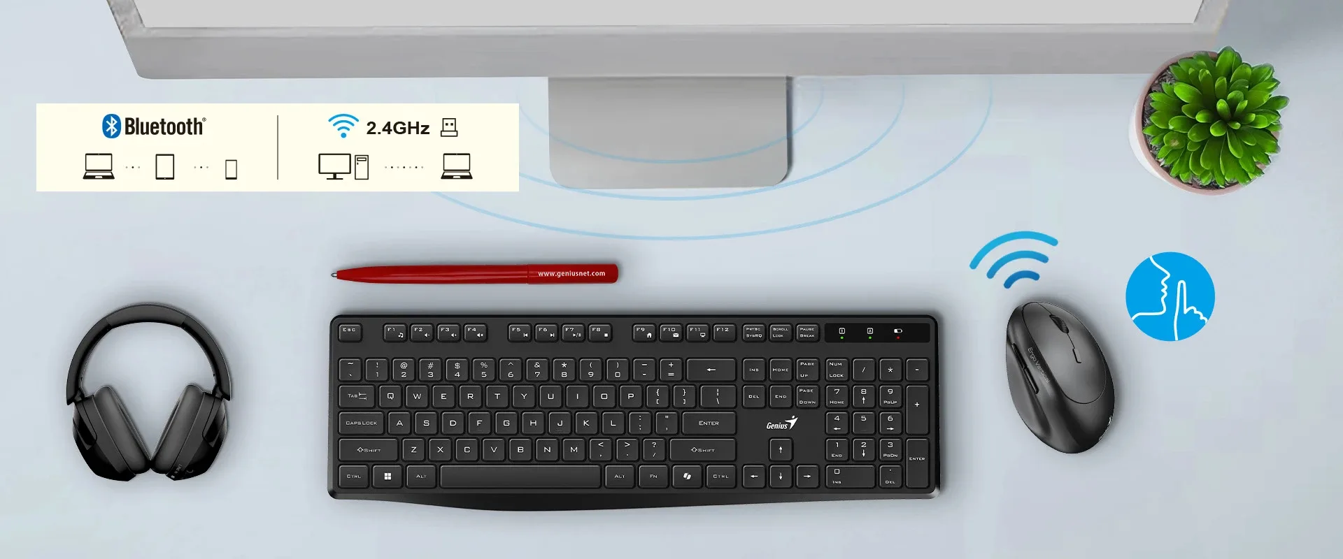 Genius вертикална безжична мишка Vertical Mouse wireless Ergo 8350S - Silent, AI, Bluetooth, 2.4G, Dark Grey - Image 305