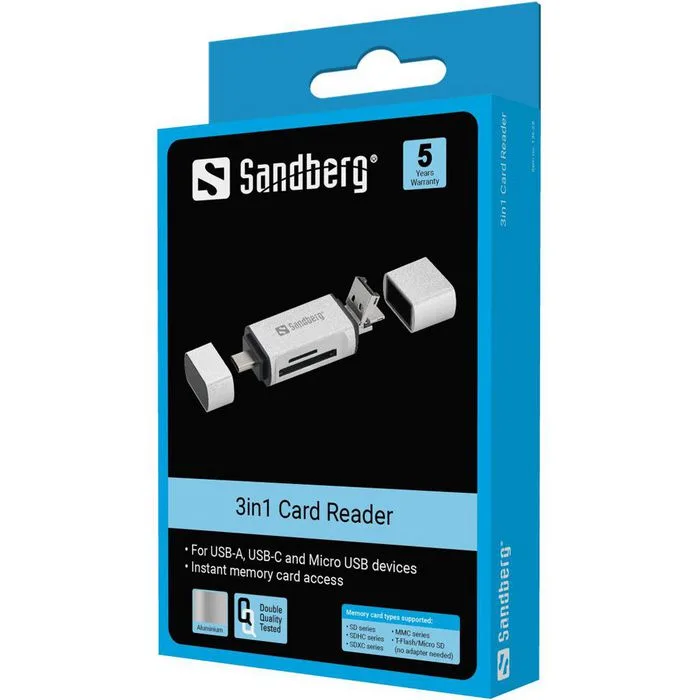 ЧЕТЕЦ ЗА КАРТИ SANDBERG USB-C+USB+MicroUSB - Silver - PN 136-28 - Image 2