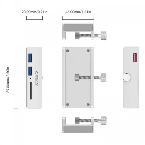 Orico хъб USB 3.0 HUB Clip Type 2 port, SD card reader - aux Micro-USB power input, Aluminum - MH2AC-U3-SV - Image 180