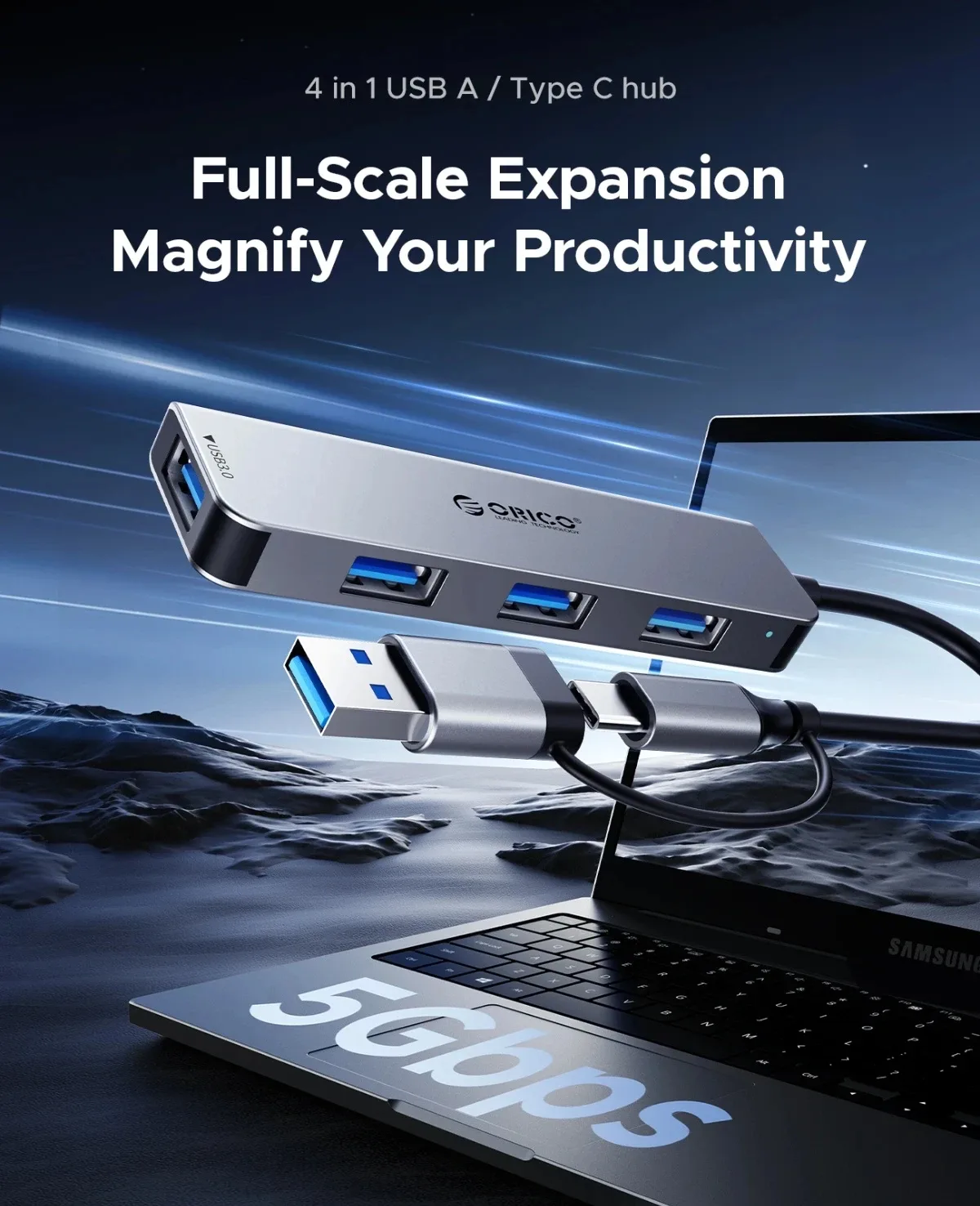 Orico хъб HUB USB-C/A 4 port - USB3.0 x 1, SD/TF x 2, USB2.0 x 2, USB-C x 2, Aluminium - YSA6-U3-GY - Image 168