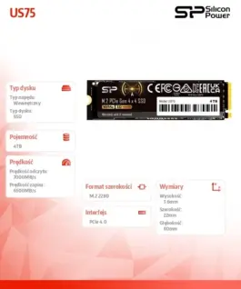 Silicon Power SSD drive US75 4TB M.2 PCIe Gen4x4 NVMe 1.4 7000/6500 MB/s
