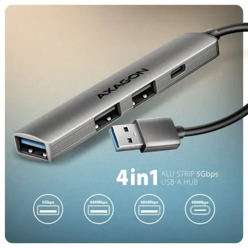 Alternative view of AXAGON HUE-STA HUB 4-port 1x USB 5Gbps 2xUSB2.0 +USB