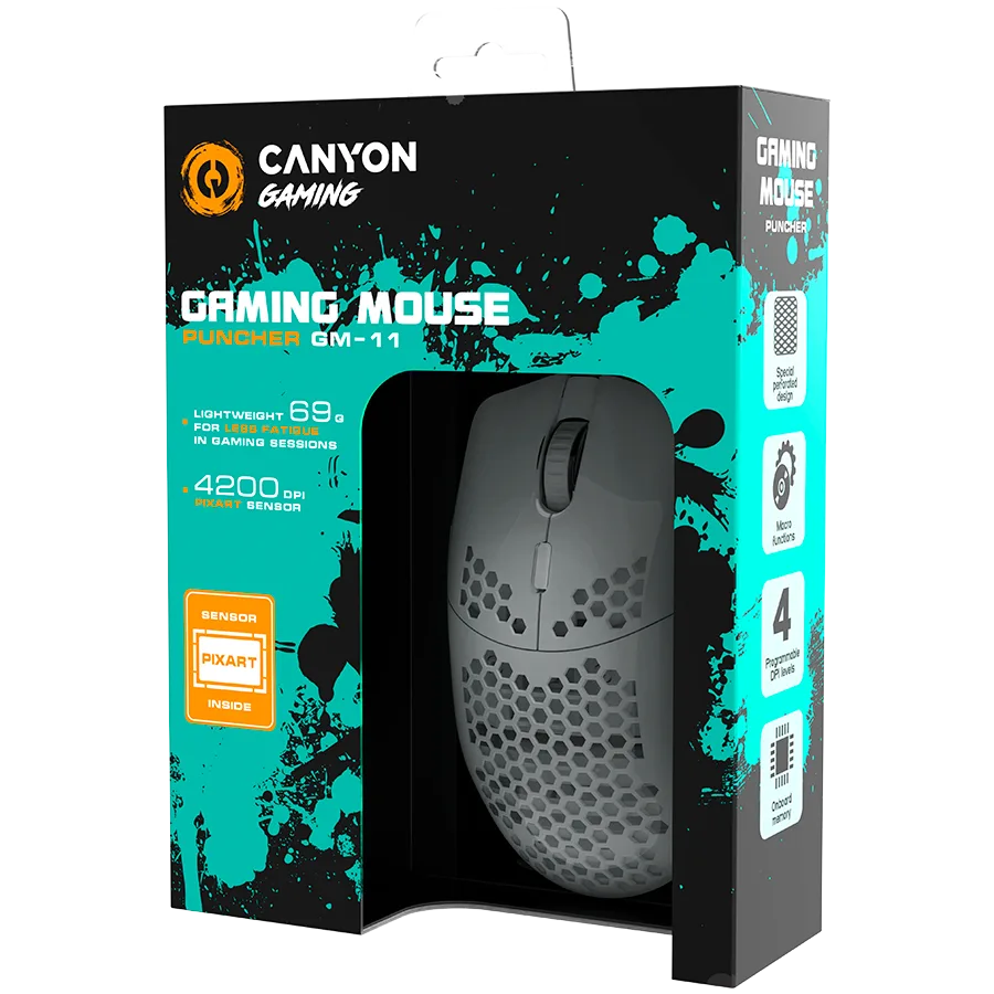 Геймърска мишка CANYON Puncher GM-11, Gaming Mouse with 7 programmable buttons, Pixart 3519 optical sensor, 4 levels of DPI and up to 4200, 5 million times key life, 1.65m Ultraweave cable, UPE feet and colorful RGB lights, White, size:128.5x67x37.5m - Image 80