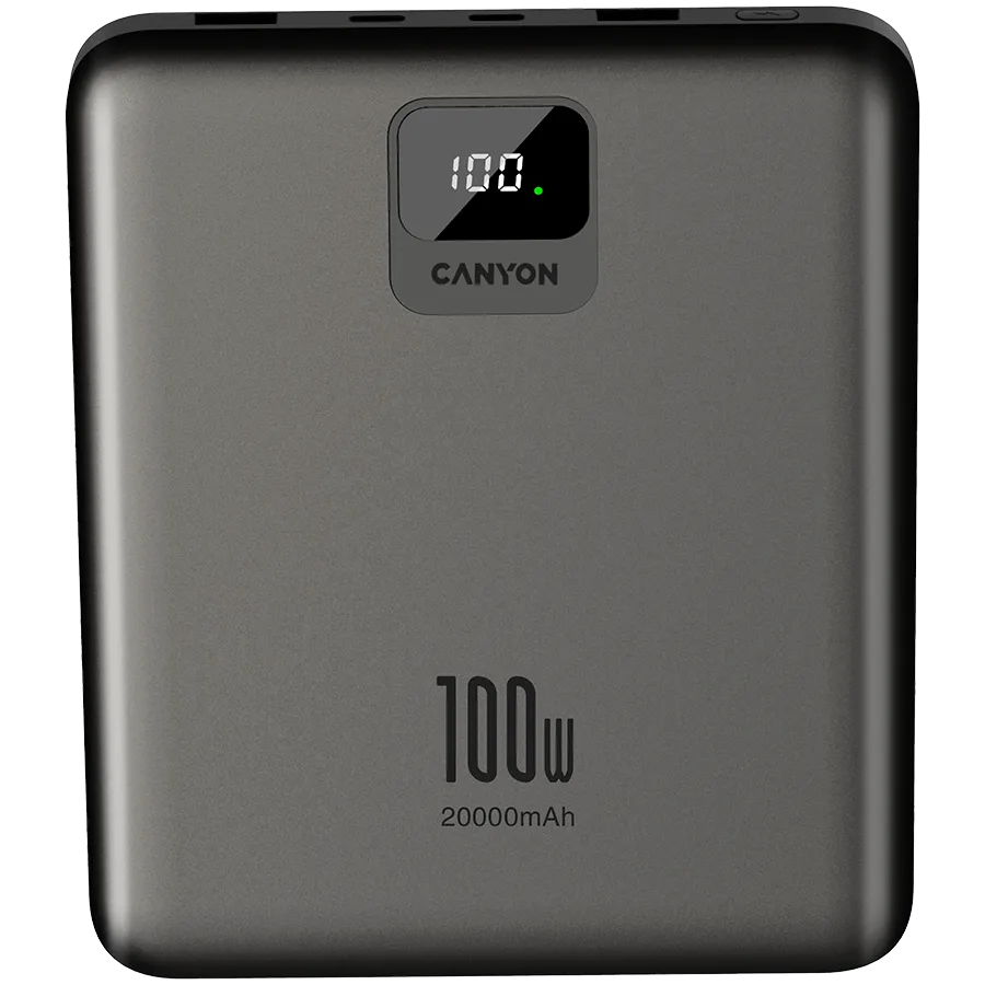 Външна батерия CANYON power bank PB-2008 LED FLAT 20000 mAh PD100W QC3.0 Dark Grey