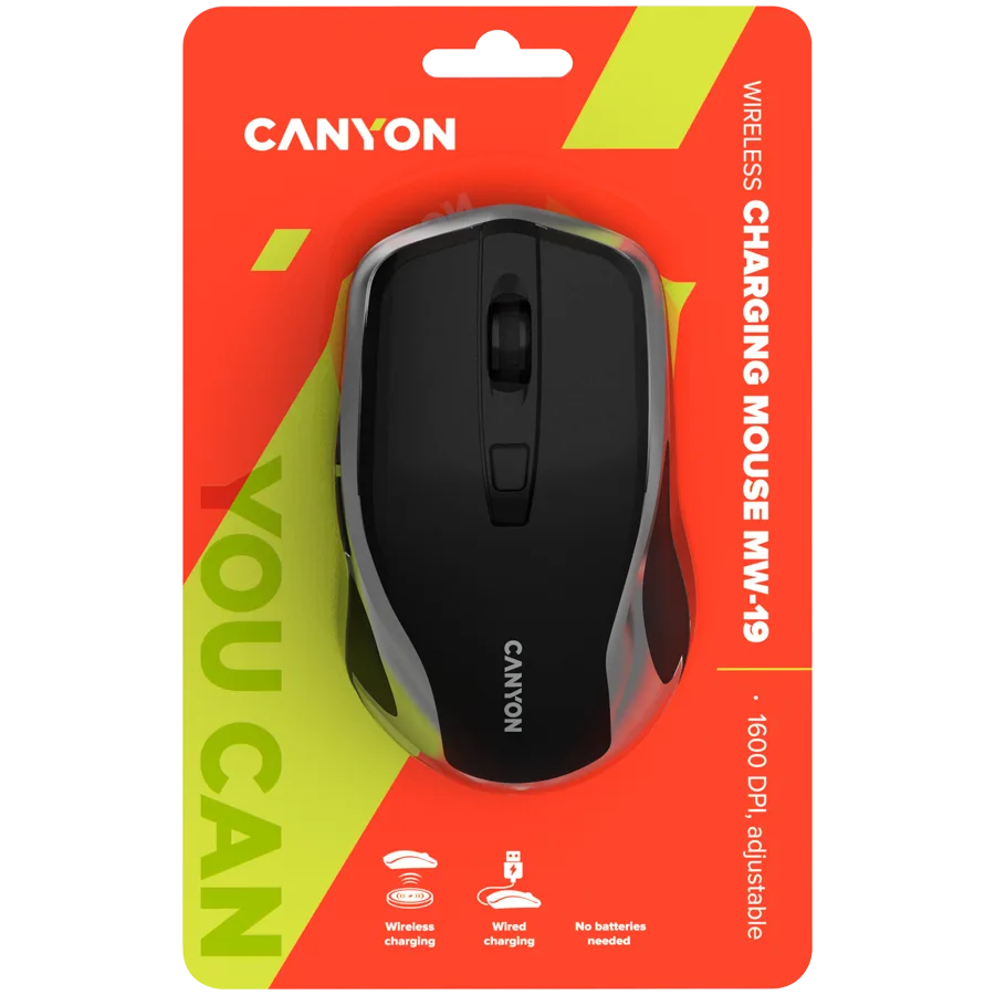 Безжична мишка CANYON MW-19, 2.4GHz Wireless Rechargeable Mouse with Pixart sensor, 6keys, Silent switch for right/left keys,Add NTCDPI: 800/1200/1600, Max. usage 50 hours for one time full charged, 300mAh Li-poly battery, Black -Silver, cable length - Image 80