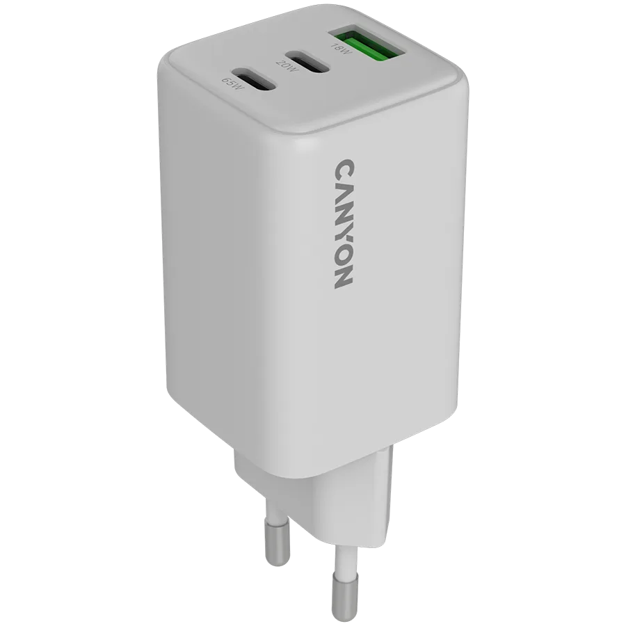 Зарядно за мобилен телефон CANYON charger CU65ACC GaN 65W 2xPD 1xQC EU White