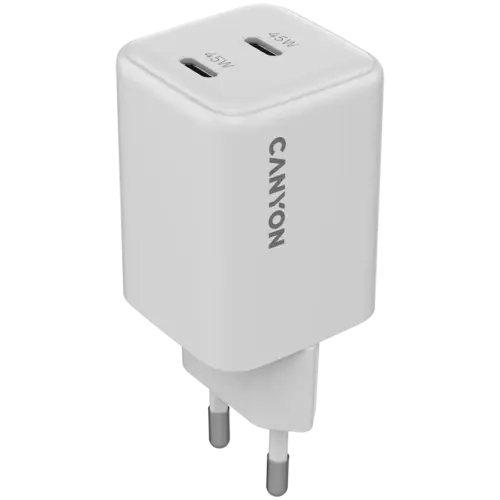 Зарядно за мобилен телефон CANYON charger CU45CC GaN 45W 2xPD EU White
