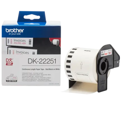 ЛЕНТА ЗА ЕТИКЕТНИ ПРИНТЕРИ BROTHER ТИП QL - CONTINUOUS PAPER TAPE - RED/BLACK ON WHITE - 62 mm x 1524 m - PN DK22251