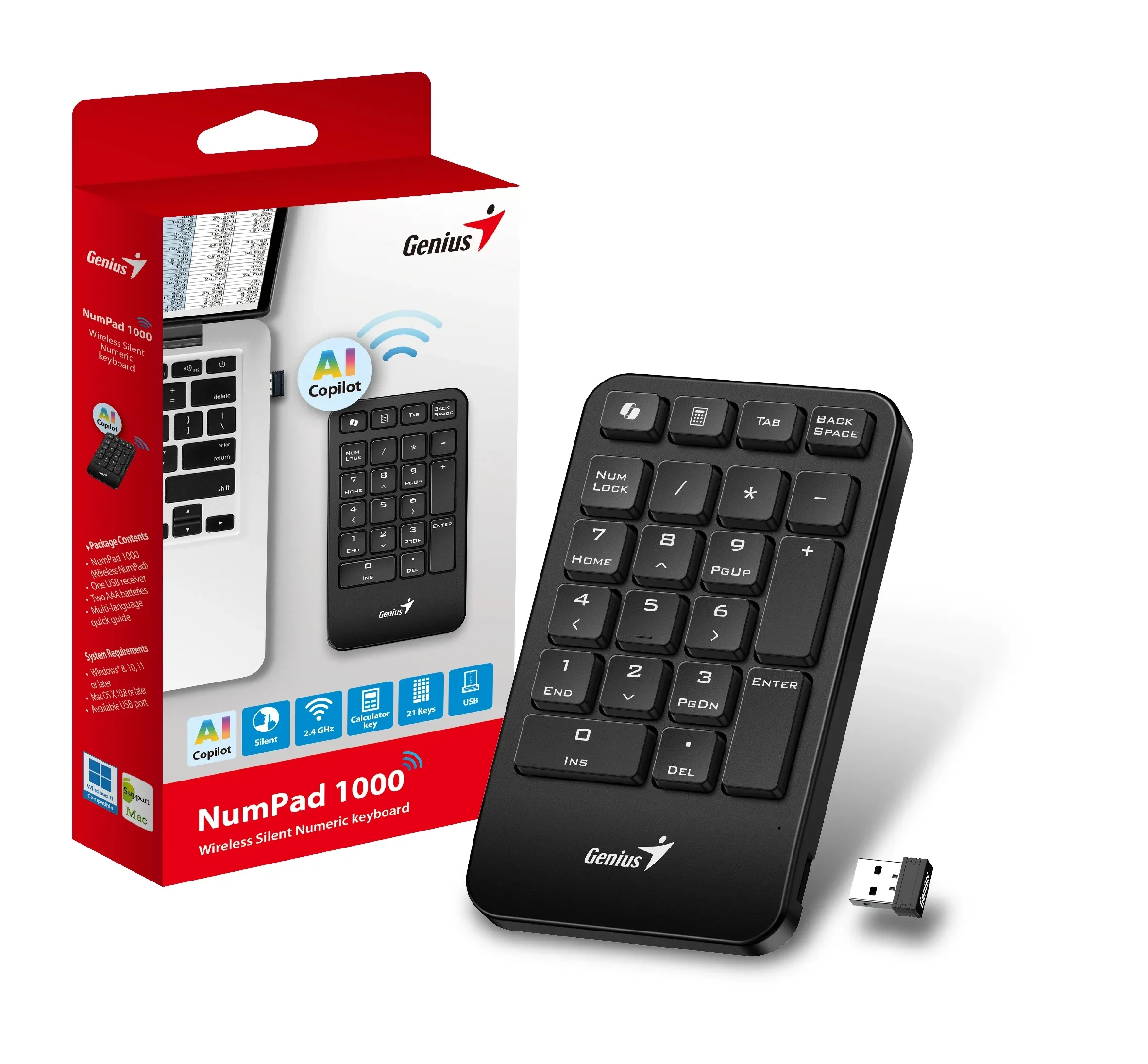 Genius цифрова безжична клавиатура кийпад Keypad Wireless NumPad 1000 - AI, 2.4G, Black - Image 146