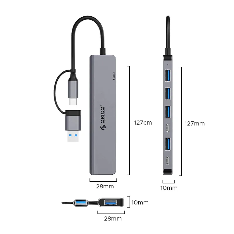 Orico хъб HUB USB-C/USB-A 7 port - USB-C x 2, USB3.0 x 1, USB2.0 x 4, Aluminium - YSA7-U3-GY - Image 152