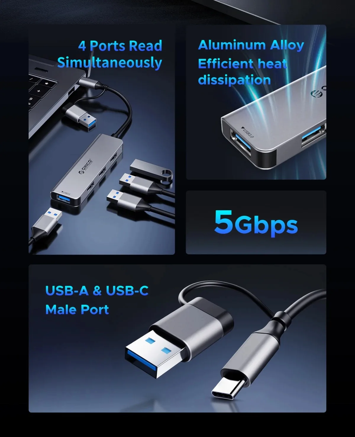 Orico хъб HUB USB-C/USB-A 7 port - USB-C x 2, USB3.0 x 1, USB2.0 x 4, Aluminium - YSA7-U3-GY - Image 155
