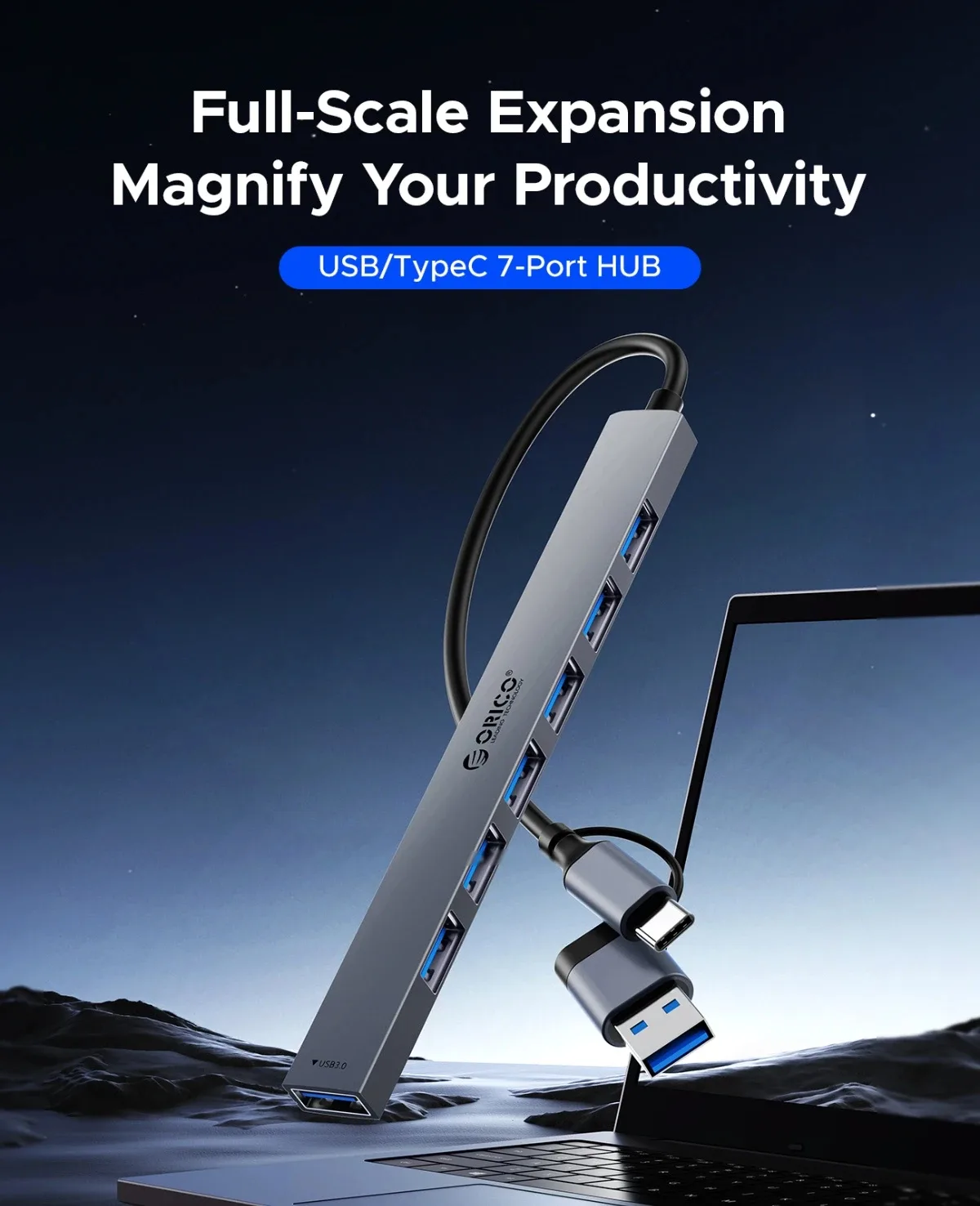 Orico хъб HUB USB-C 5 port - USB3.0 x 1, USB2.0 x 2, USB-C x 2, Aluminium - YSB4-U2-GY - Image 351