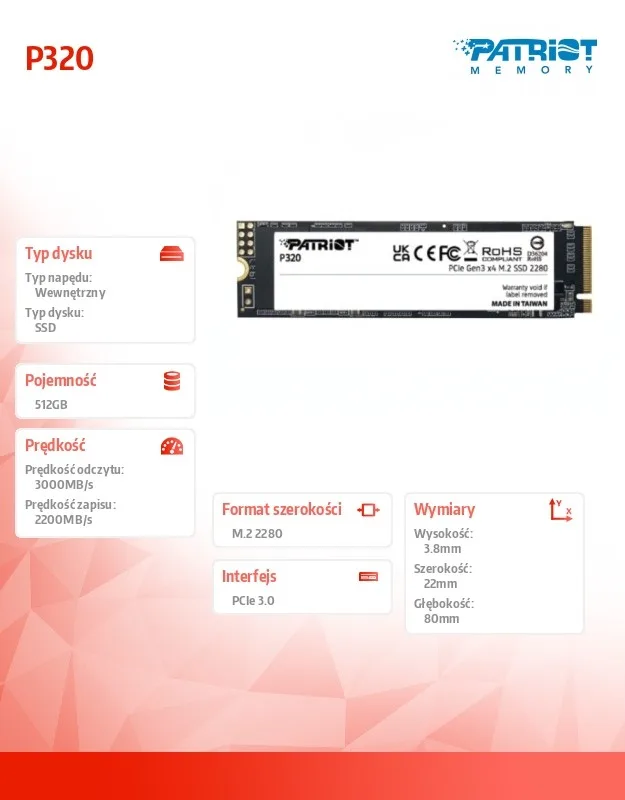 Patriot SSD 512GB P320 PCIe M.2 Gen3 x4 NVMe 3000/2200MB/s - Image 2