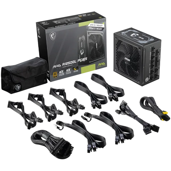 Захранване за компютър MSI MAG A1250GL PCIE5 Power Supply 1250W, 80 PLUS Gold, 135 mm Fan Size, Protections: OCP/OVP/OPP/OTP/SCP/UVP, Active PFC Design, Flat Cable Equipment, Dimensions: 150mmx150mmx86mm, 5Y Warranty - Image 69