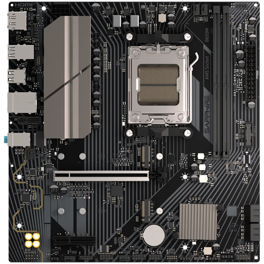 Дънна платка SAPPHIRE AMD B650M-E AM5 Ryzen R9/R7/R5 2x DDR5 7600MHz PCIe 4.0 x16 1x M.2 Gen5 1x M.2 Gen4 LAN 2.5 Gbps