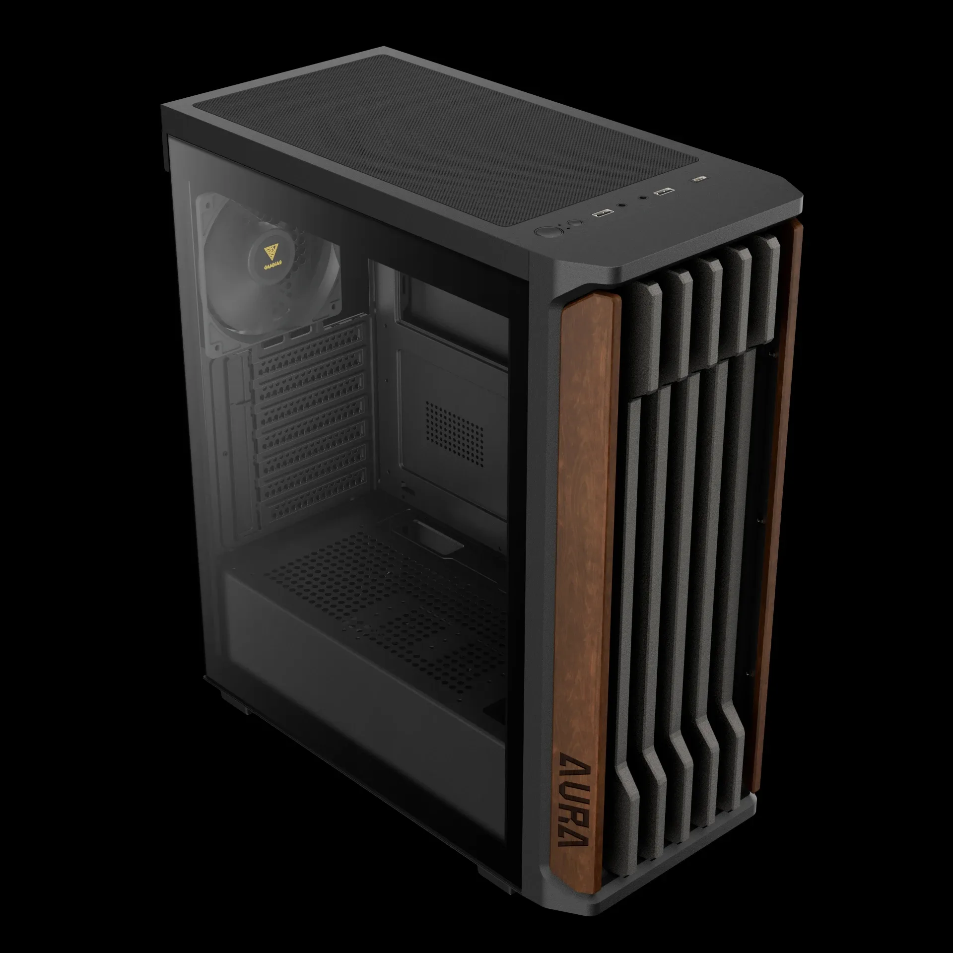 Gamdias кутия Case ATX - AURA GC11 Wood Black - USB-C - Image 5