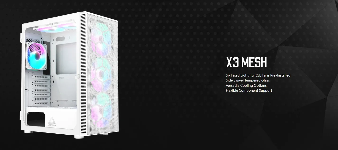 Montech кутия X3 MESH, Mid-tower Case, TG, 6 fixed RGB Fans, White - Image 12