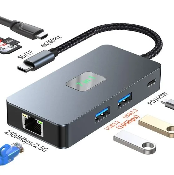 TB адаптер HUB USB C (7w1) HDMI USB SD/TF RJ45 (2500 Mbps) PD - Image 2