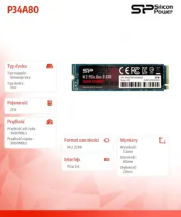 Silicon Power SSD A80 2TB PCIE M.2 NVMe 3400/3000 MB/s