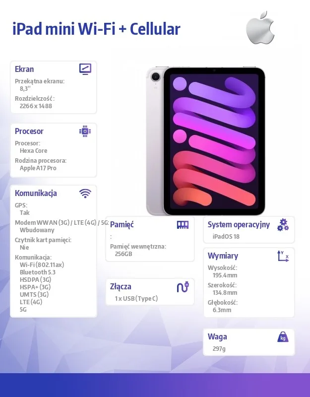 Apple iPad mini Wi-Fi + Cellular 256GB лилав - Image 2