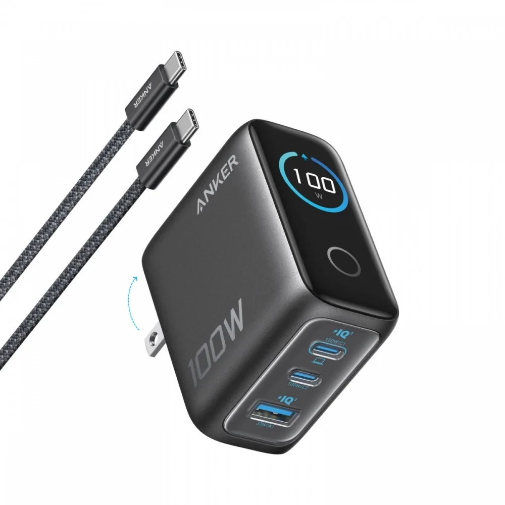 Anker зарядно USB-A + 2xUSB-C 100W SMART with display, dark сив