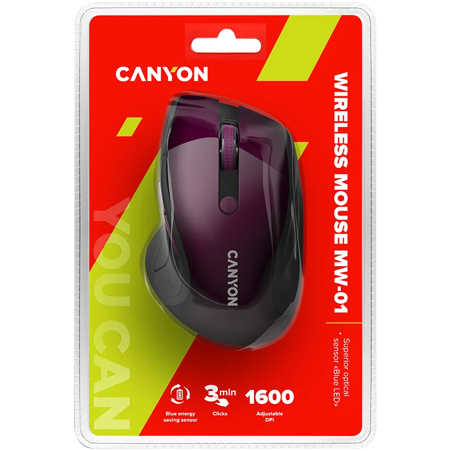 Безжична мишка CANYON 2.4Ghz wireless mouse, optical tracking - blue LED, 6 buttons, DPI 1000/1200/1600, Purple pearl glossy - Image 20