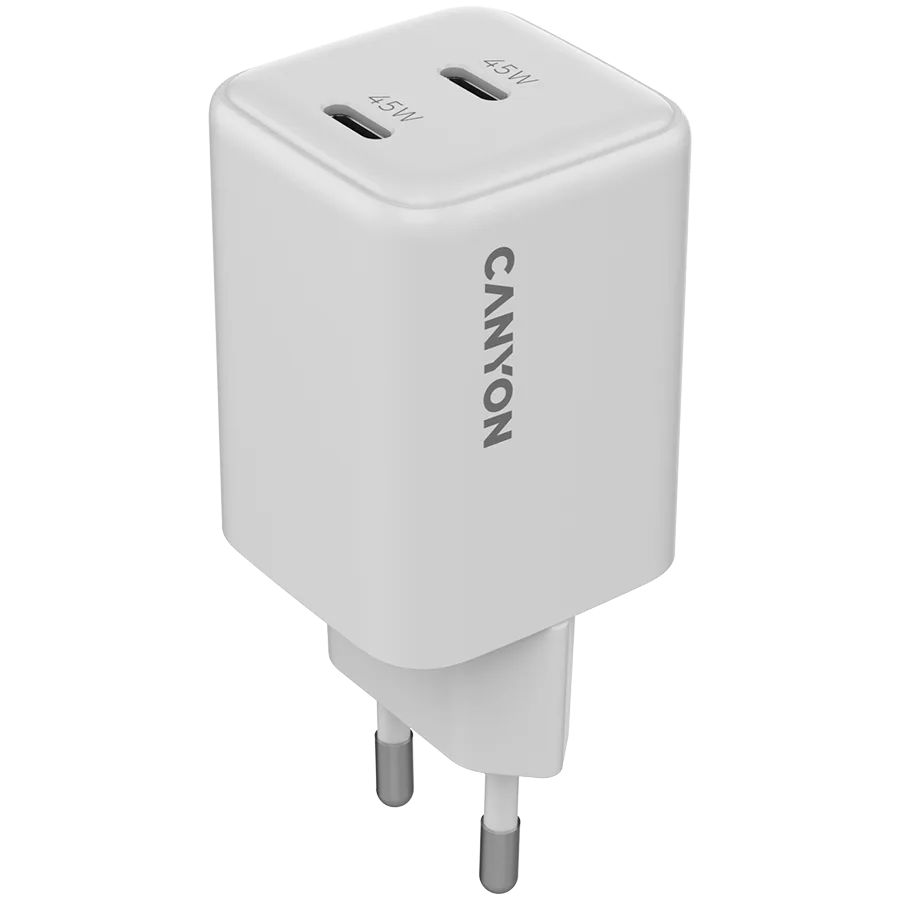 Зарядно за мобилен телефон CANYON charger CU45CC GaN 45W 2xPD EU White