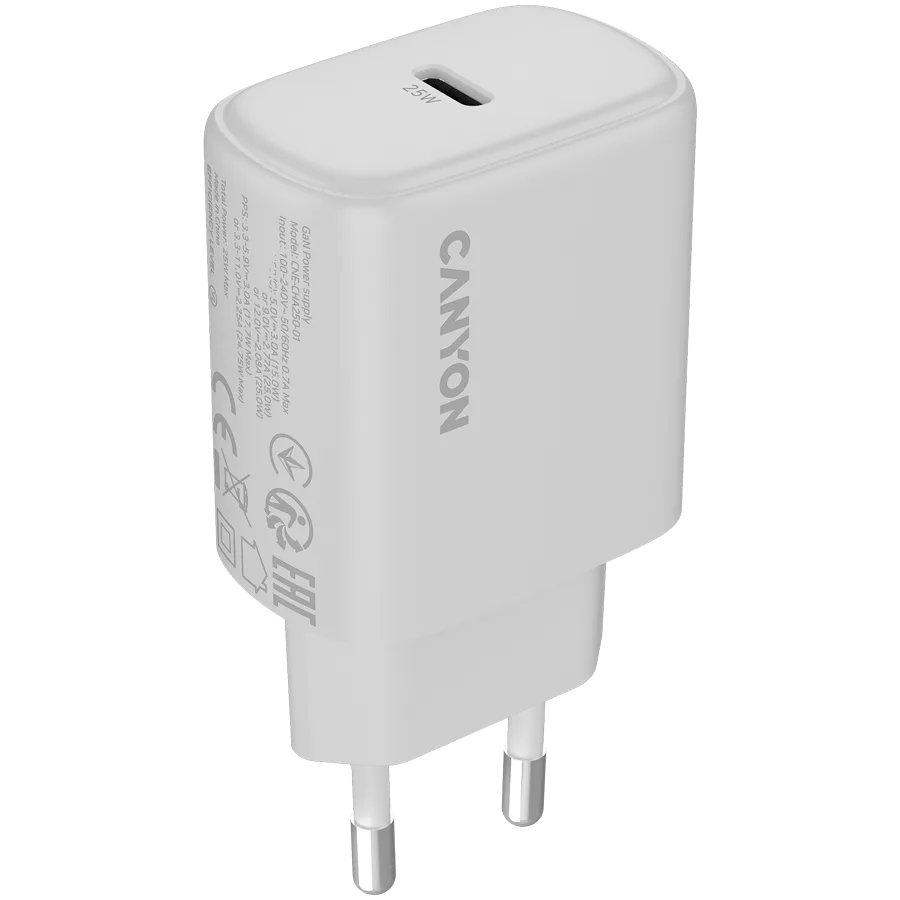 Зарядно за мобилен телефон CANYON charger OnCharge 250 25W 1xPD EU White