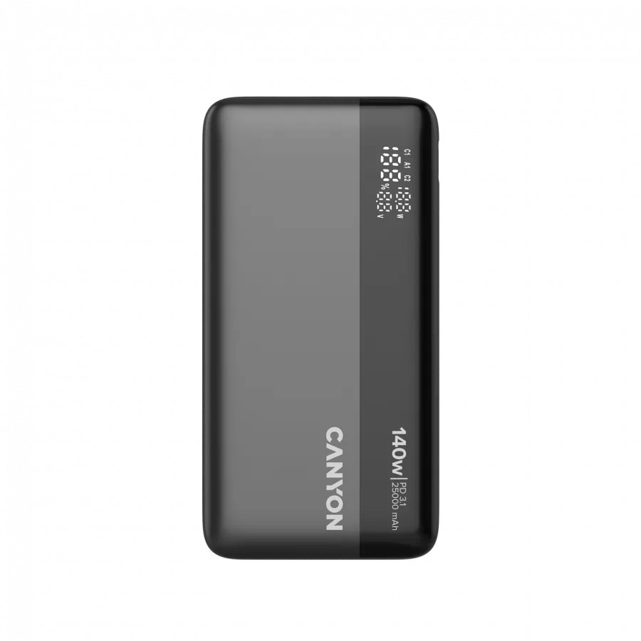 Външна батерия CANYON Power Bank PB-240 25000mAh PD140W display power bankSize160.0x82x27 mm Weight 508+-10g Dark
