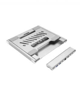 Alternative view of USB хъб Canyon Laptop stands with hub, TYPE C F to HDMI2.0+2USB3.0+USBC3.0+RJ45+PD, TYEP C TO C cable 1m white with Emarker: HUSB332A, Material: Aluminum case+ABS+PS, Size: 245x240x27.2+/-0.3mm, Weight:1304g